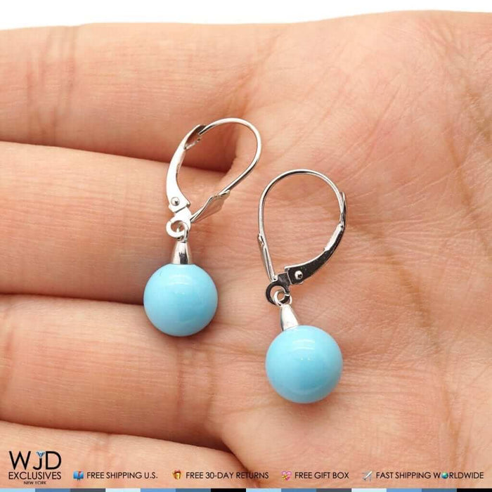 14K White Gold Ball Shaped Turquoise Leverback Dangle Earrings 6mm-10mm