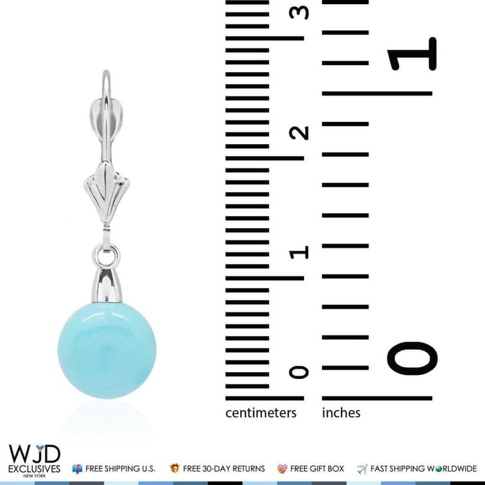 14K White Gold Ball Shaped Turquoise Leverback Dangle Earrings 6mm-10mm
