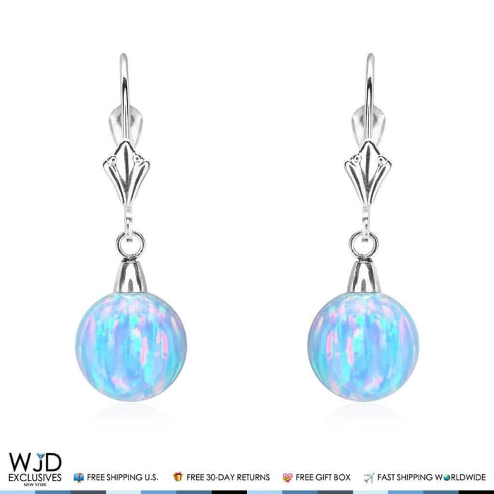 14K White Gold 9mm Ball Shaped Blue Fire Opal Leverback Dangle Earrings