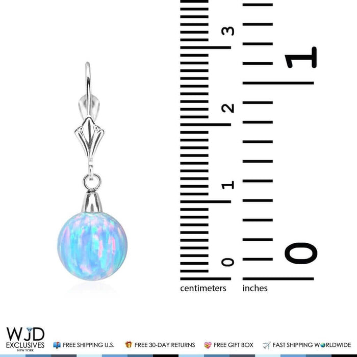 14K White Gold 9mm Ball Shaped Blue Fire Opal Leverback Dangle Earrings
