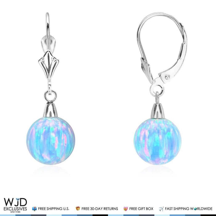 14K White Gold 9mm Ball Shaped Blue Fire Opal Leverback Dangle Earrings