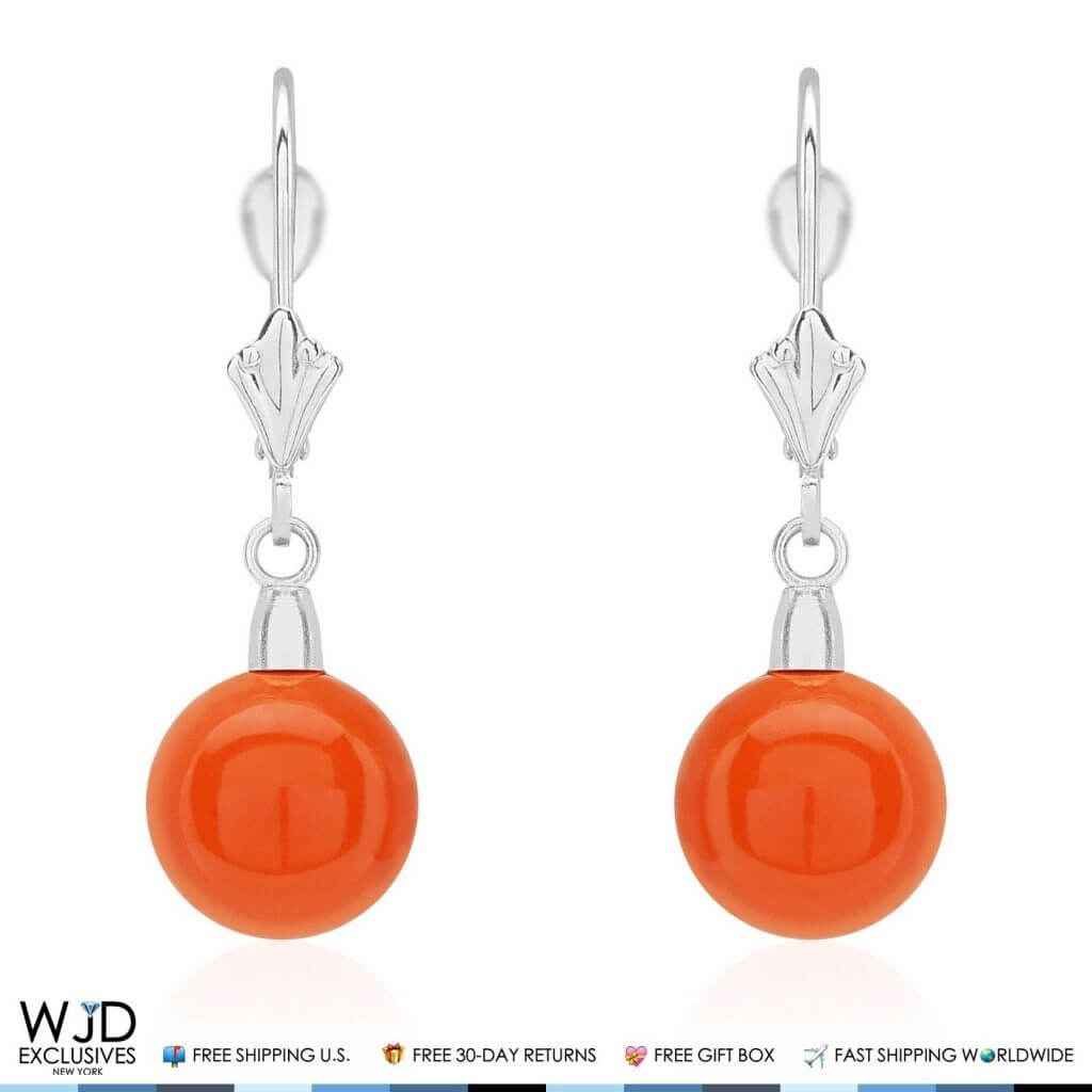14K White Gold 9mm Ball Shaped Orange Coral Leverback Dangle Earrings 1"