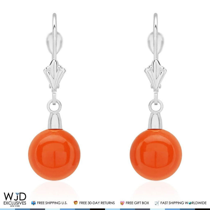 14K White Gold 9mm Ball Shaped Orange Coral Leverback Dangle Earrings 1"