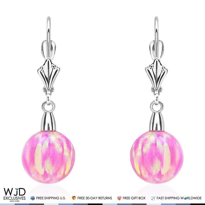 6mm-10mm Ball Shaped Pink Fire Opal Leverback Dangle Earrings 14K White Gold