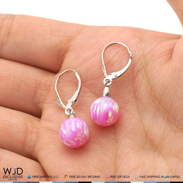 6mm-10mm Ball Shaped Pink Fire Opal Leverback Dangle Earrings 14K White Gold