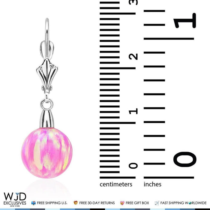 6mm-10mm Ball Shaped Pink Fire Opal Leverback Dangle Earrings 14K White Gold