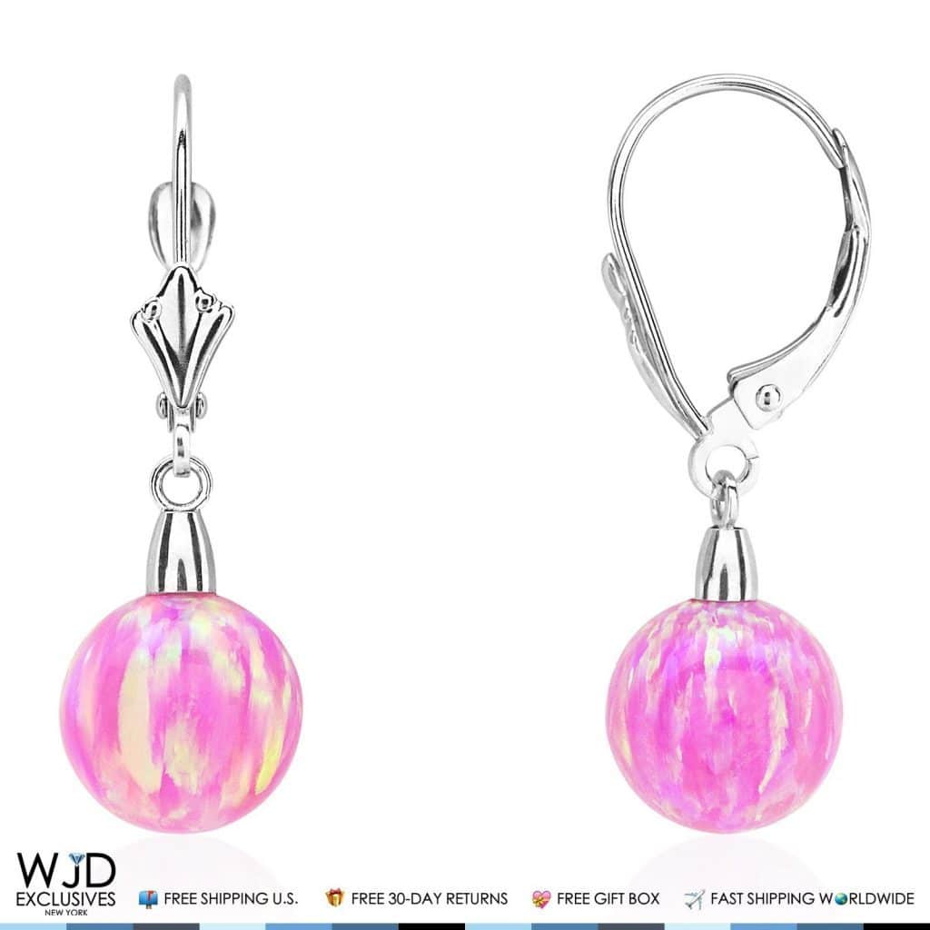 6mm-10mm Ball Shaped Pink Fire Opal Leverback Dangle Earrings 14K White Gold