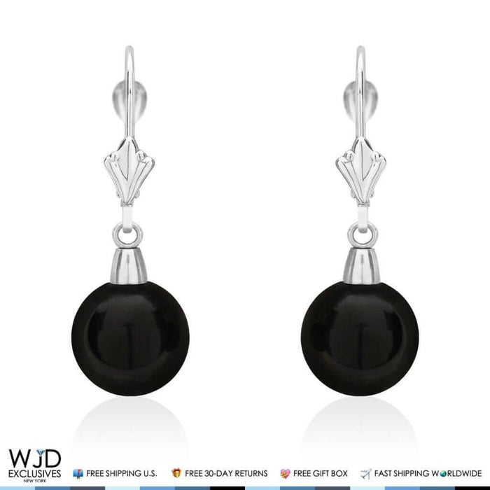 6mm-10mm Diameter Ball Shaped Onyx Dangle Leverback Earrings 14K White Gold