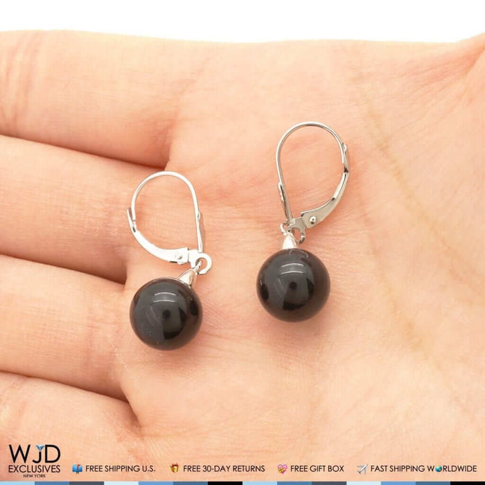 6mm-10mm Diameter Ball Shaped Onyx Dangle Leverback Earrings 14K White Gold