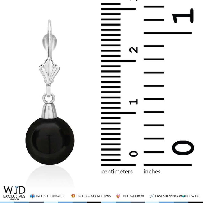 6mm-10mm Diameter Ball Shaped Onyx Dangle Leverback Earrings 14K White Gold