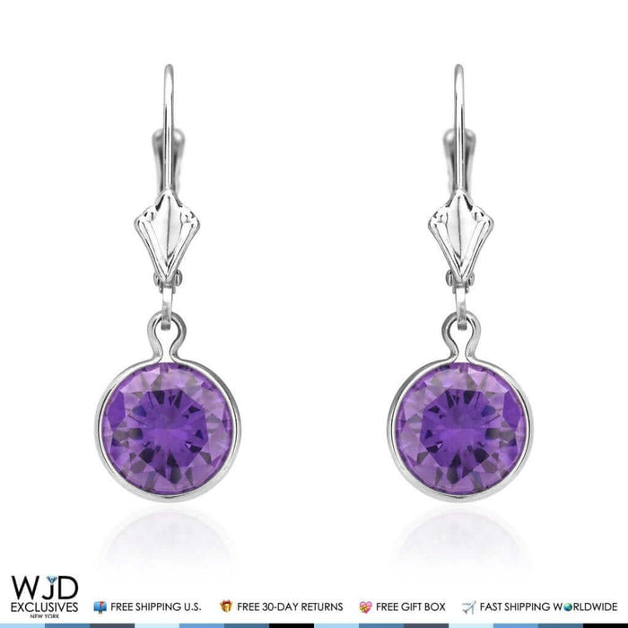 14K White Gold Bezel Set Round Amethyst Dangle Drop Lever Back Earrings 1"