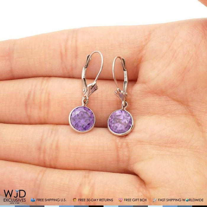 14K White Gold Bezel Set Round Amethyst Dangle Drop Lever Back Earrings 1"