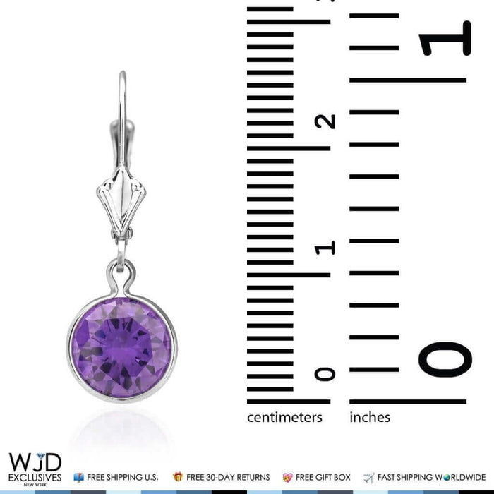 14K White Gold Bezel Set Round Amethyst Dangle Drop Lever Back Earrings 1"