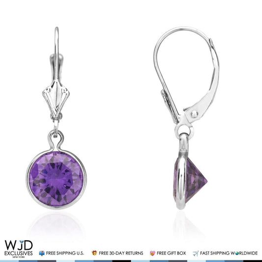 14K White Gold Bezel Set Round Amethyst Dangle Drop Lever Back Earrings 1&quot;