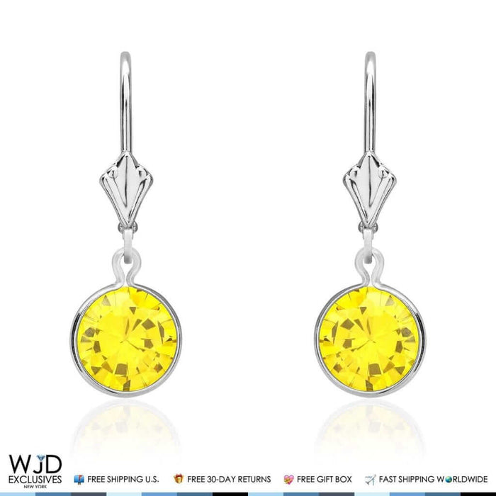 14K White Gold Bezel Round Simulated Citrine Dangle Drop Lever Back Earrings 1"