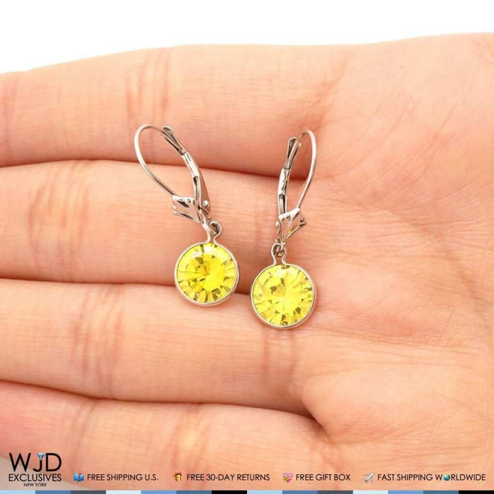 14K White Gold Bezel Round Simulated Citrine Dangle Drop Lever Back Earrings 1"