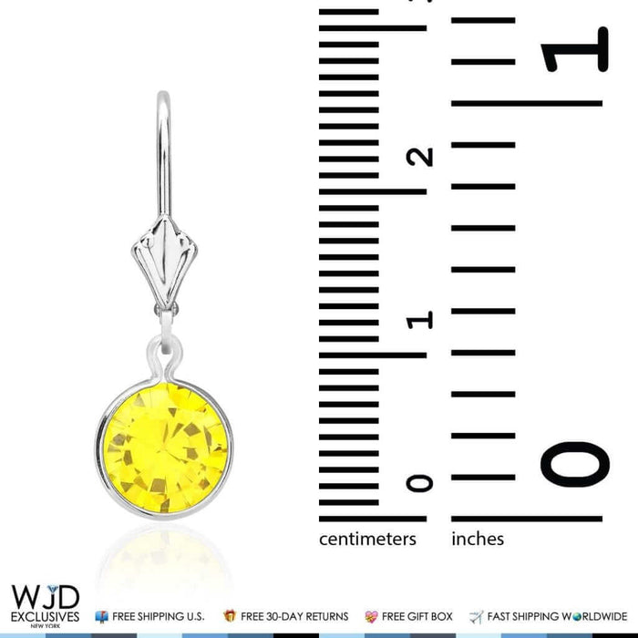 14K White Gold Bezel Round Simulated Citrine Dangle Drop Lever Back Earrings 1"