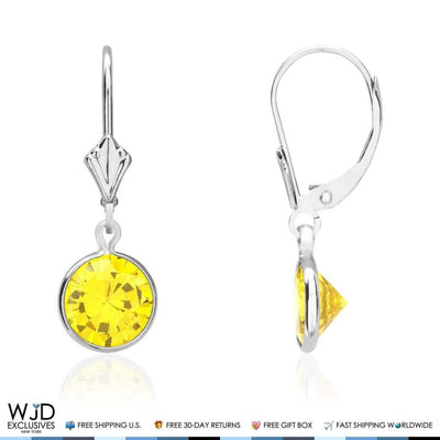 14K White Gold Bezel Round Simulated Citrine Dangle Drop Lever Back Earrings 1"