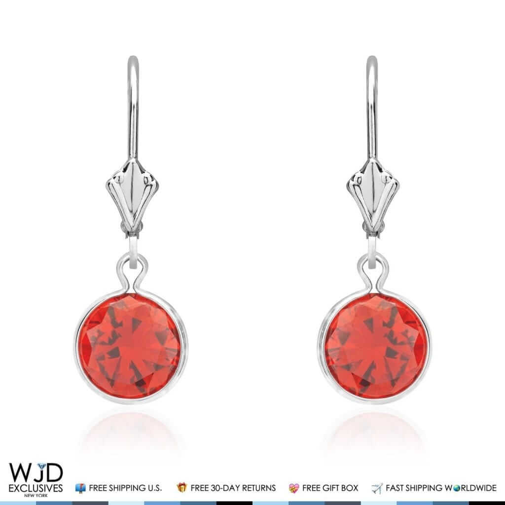 14K White Gold Bezel Round Simulated Garnet Dangle Drop Lever Back Earrings 1"