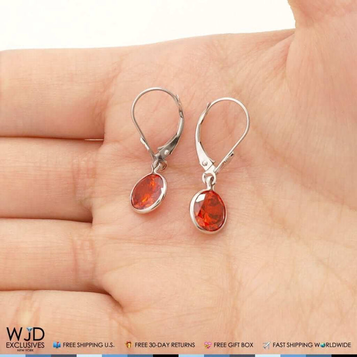 14K White Gold Bezel Round Simulated Garnet Dangle Drop Lever Back Earrings 1"