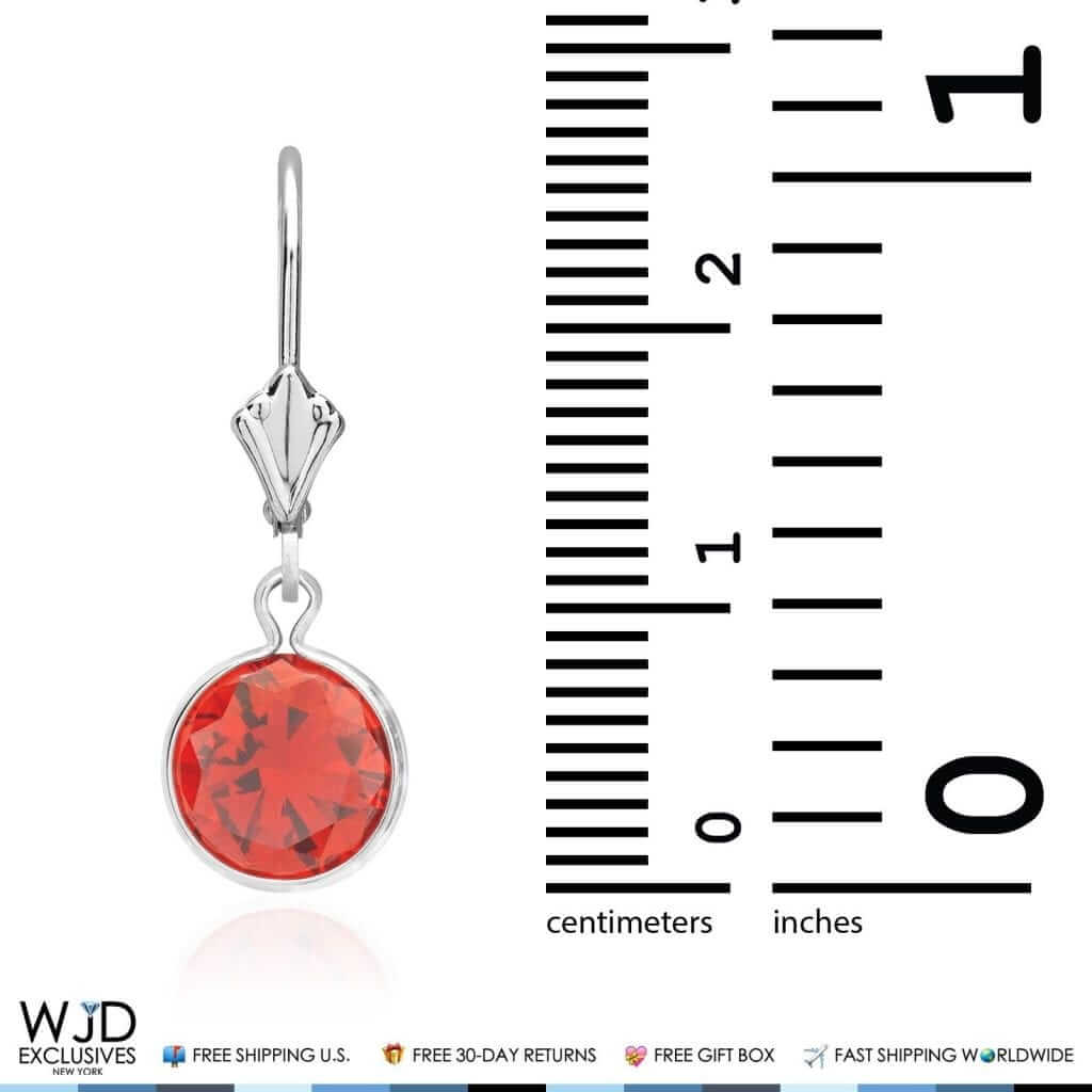 14K White Gold Bezel Round Simulated Garnet Dangle Drop Lever Back Earrings 1"