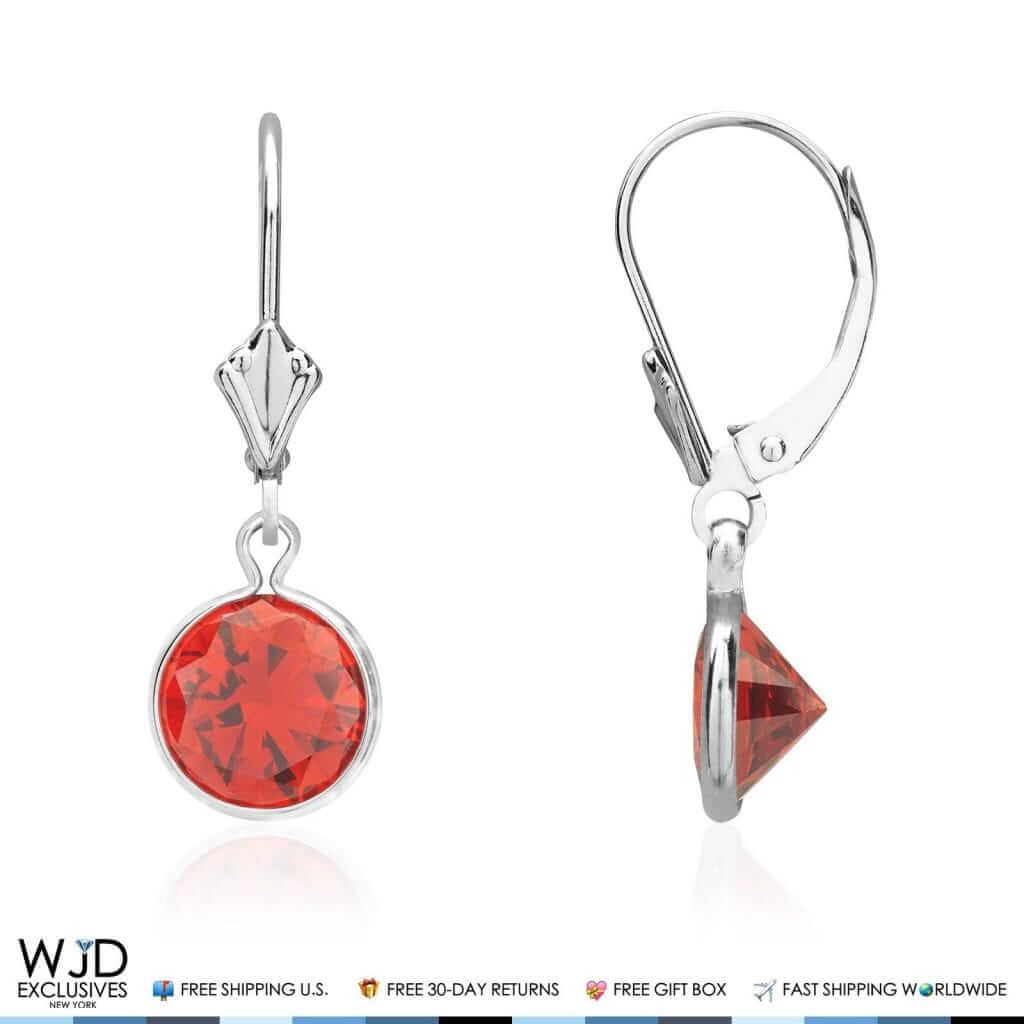 14K White Gold Bezel Round Simulated Garnet Dangle Drop Lever Back Earrings 1"