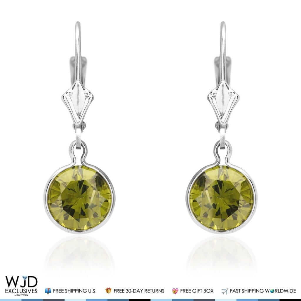 14K White Gold Bezel Round Simulated Peridot Dangle Drop Lever Back Earrings 1"