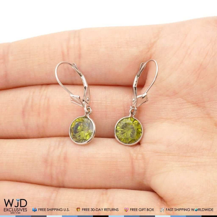 14K White Gold Bezel Round Simulated Peridot Dangle Drop Lever Back Earrings 1"