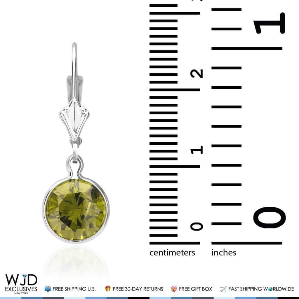 14K White Gold Bezel Round Simulated Peridot Dangle Drop Lever Back Earrings 1"