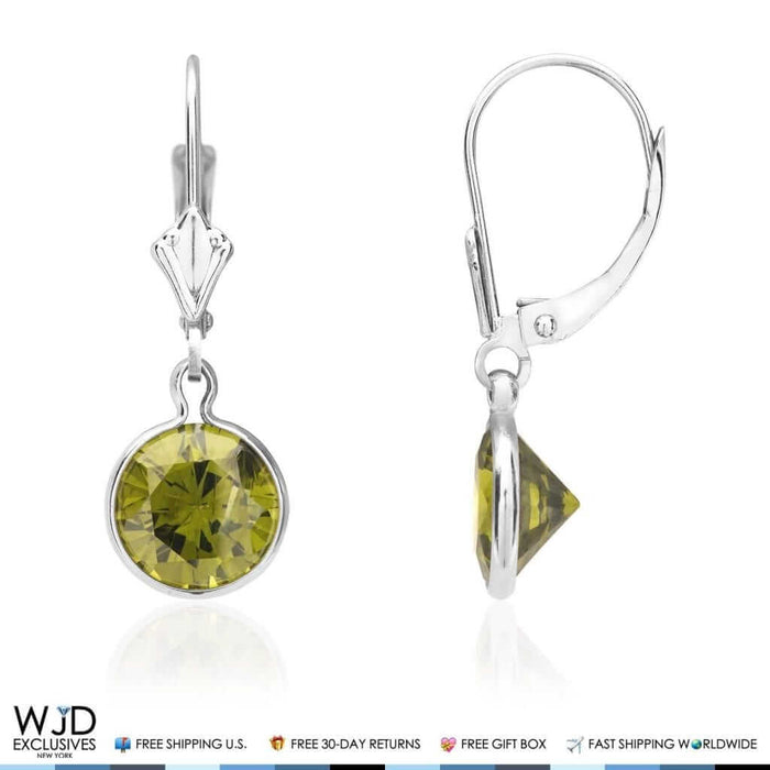 14K White Gold Bezel Round Simulated Peridot Dangle Drop Lever Back Earrings 1"