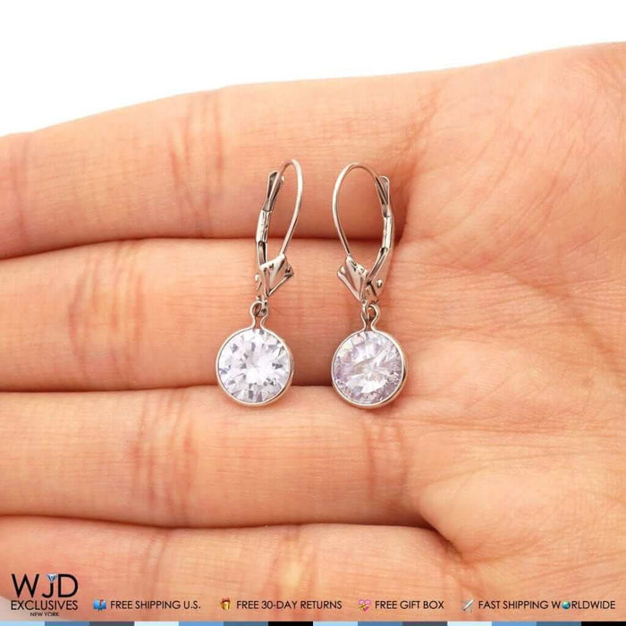 14K White Gold Bezel Set Round Zircon Lever Back Dangle Earrings 1"