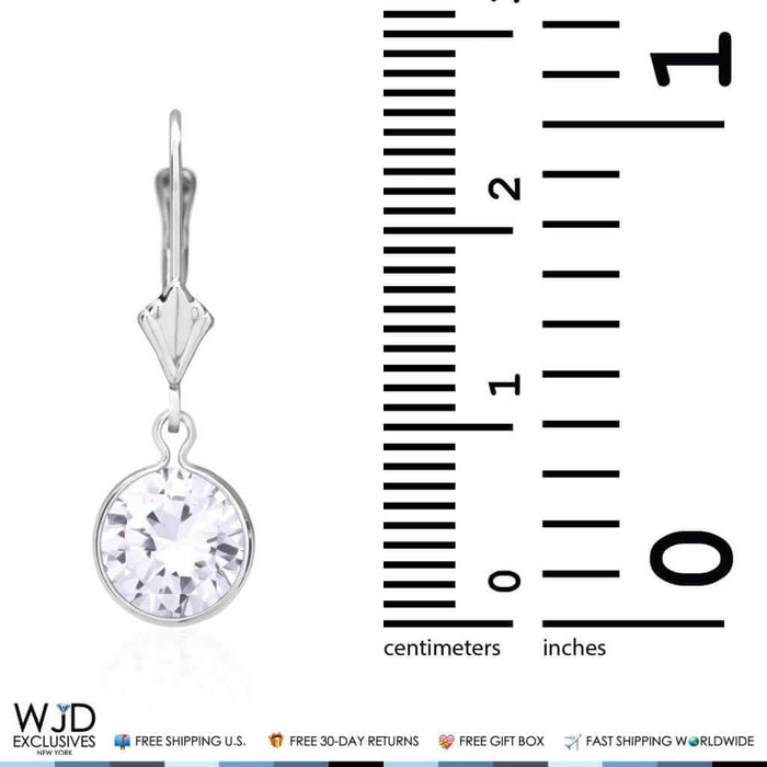 14K White Gold Bezel Set Round Zircon Lever Back Dangle Earrings 1"