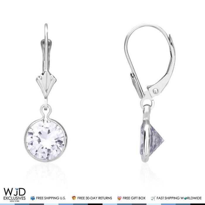 14K White Gold Bezel Set Round Zircon Lever Back Dangle Earrings 1"