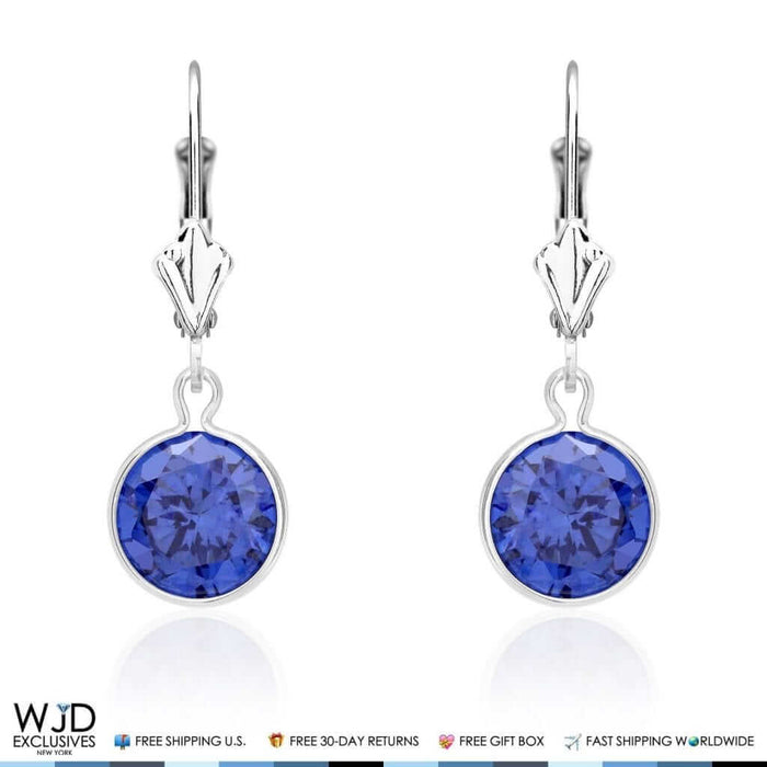 14K White Gold Bezel Round Simulated Sapphire Dangle Drop Lever Back Earrings 1"