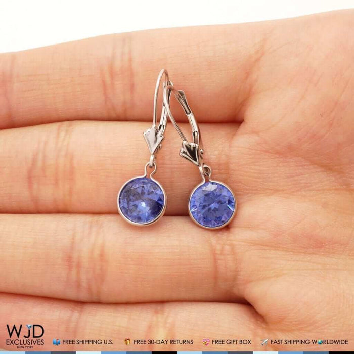 14K White Gold Bezel Round Simulated Sapphire Dangle Drop Lever Back Earrings 1"