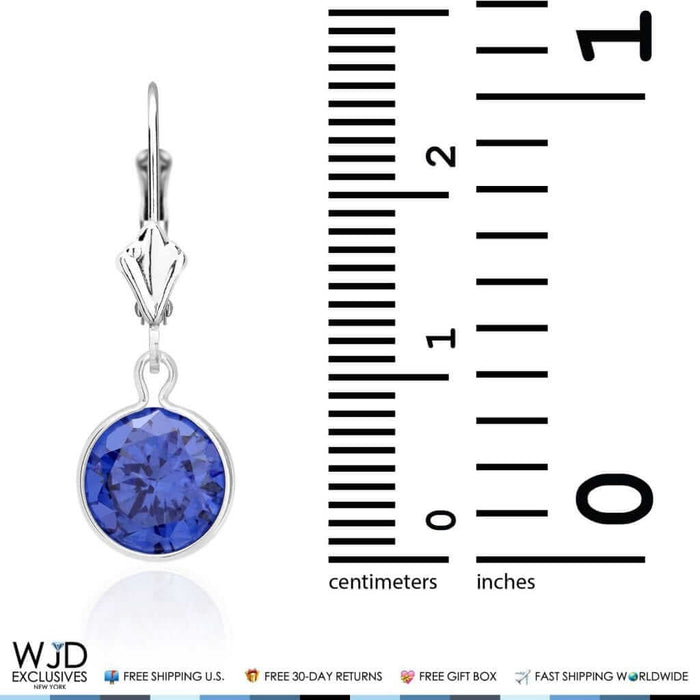 14K White Gold Bezel Round Simulated Sapphire Dangle Drop Lever Back Earrings 1"
