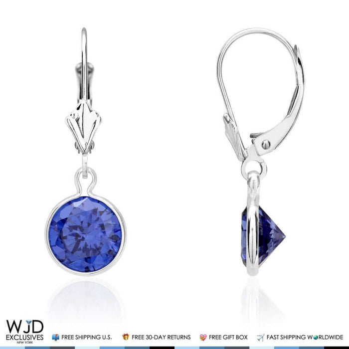 14K White Gold Bezel Round Simulated Sapphire Dangle Drop Lever Back Earrings 1"