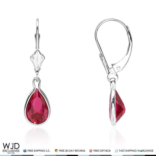 14k White Gold Teardrop Bezel Simulated Birthstone  Leverback Earrings 1"
