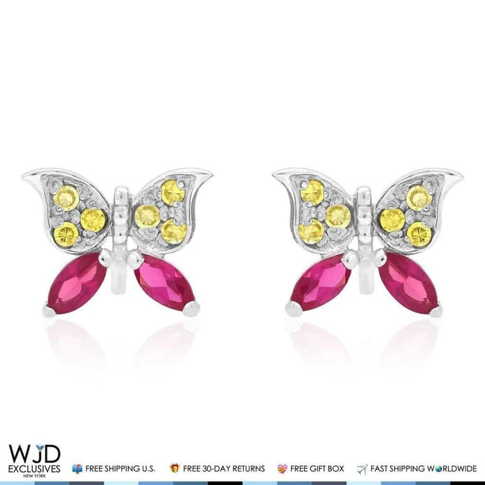 14K White Gold Simulated Citrine & Ruby Butterfly Screw Back Stud Kids Earrings