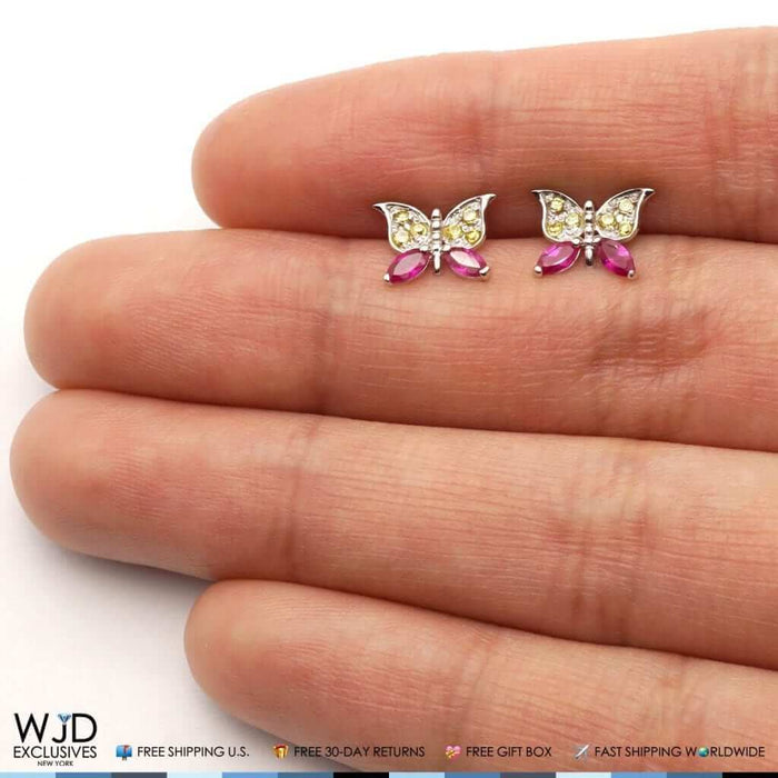 14K White Gold Simulated Citrine & Ruby Butterfly Screw Back Stud Kids Earrings