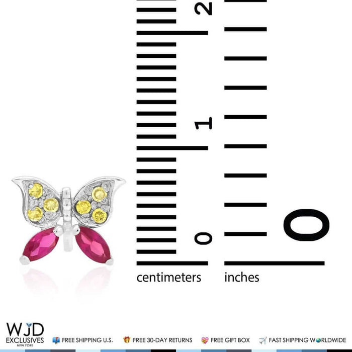 14K White Gold Simulated Citrine & Ruby Butterfly Screw Back Stud Kids Earrings