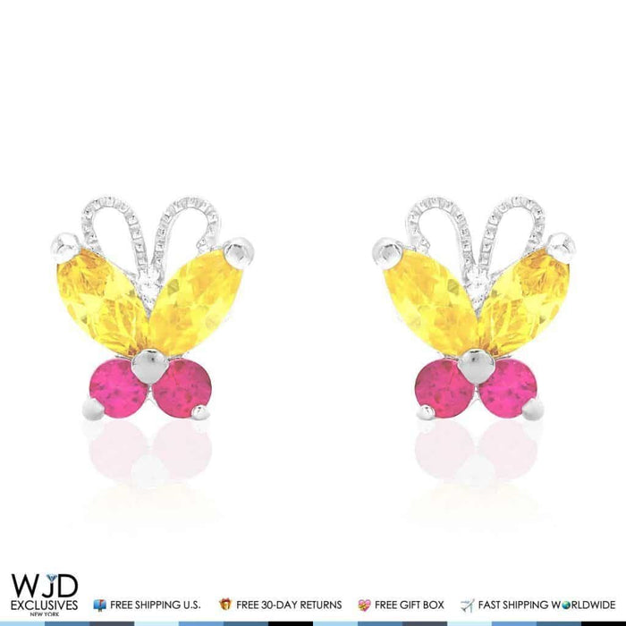 14K White Gold Citrine & Ruby Butterfly Baby Screw Back Stud Kids Earrings