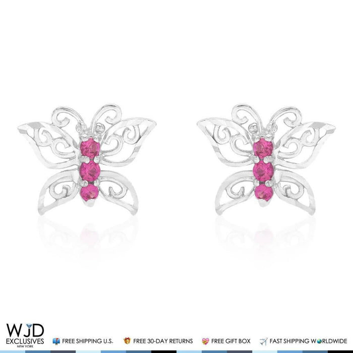 14K White Gold Diamond-Cut Simulated Ruby Butterfly Screw Back Stud Earrings