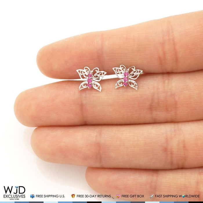 14K White Gold Diamond-Cut Simulated Ruby Butterfly Screw Back Stud Earrings
