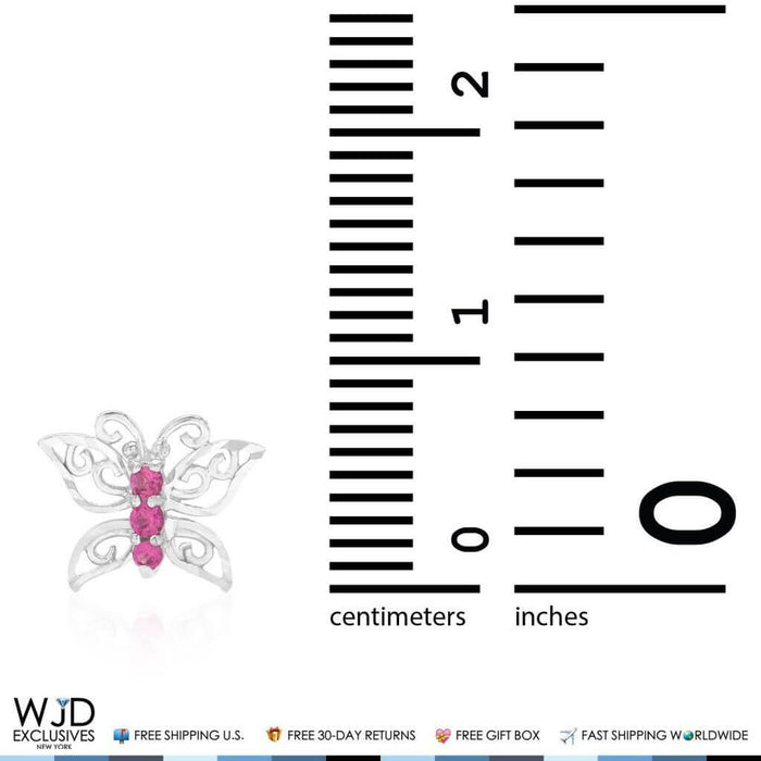 14K White Gold Diamond-Cut Simulated Ruby Butterfly Screw Back Stud Earrings