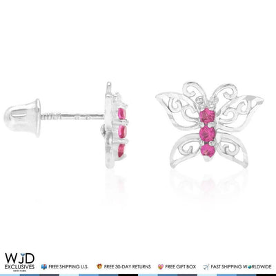 14K White Gold Diamond-Cut Simulated Ruby Butterfly Screw Back Stud Earrings