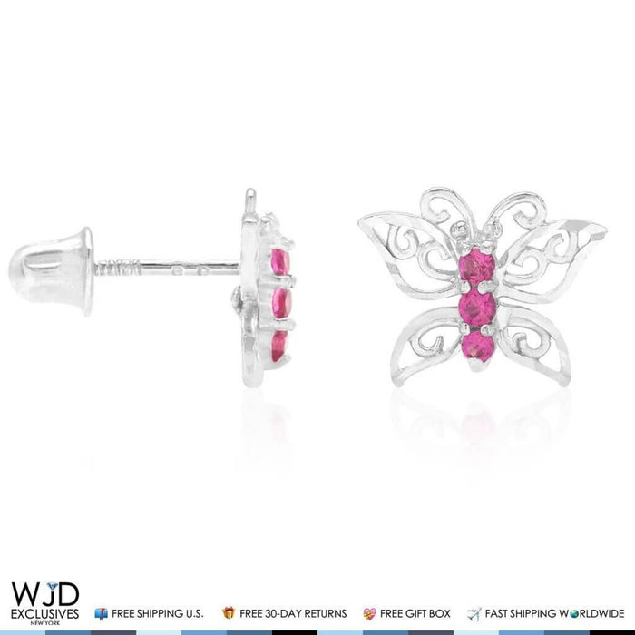 14K White Gold Diamond-Cut Simulated Ruby Butterfly Screw Back Stud Earrings