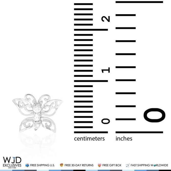 14K White Gold Diamond-Cut White Zircon Butterfly Screw Back Stud Earrings