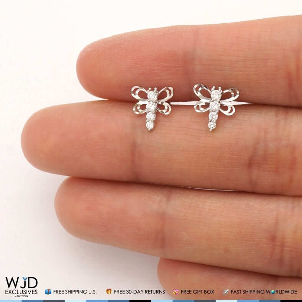 14K White Gold Diamond-Cut CZ Dragonfly Screw Back Stud Earrings