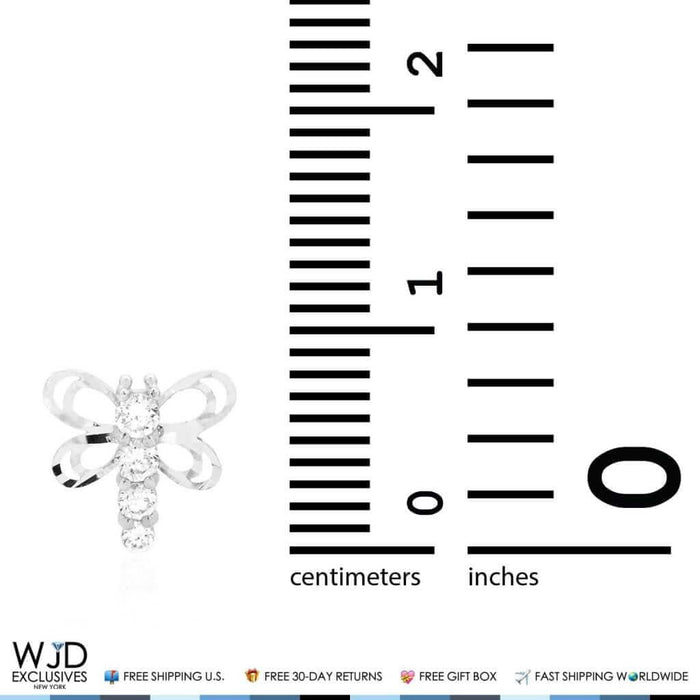 14K White Gold Diamond-Cut CZ Dragonfly Screw Back Stud Earrings